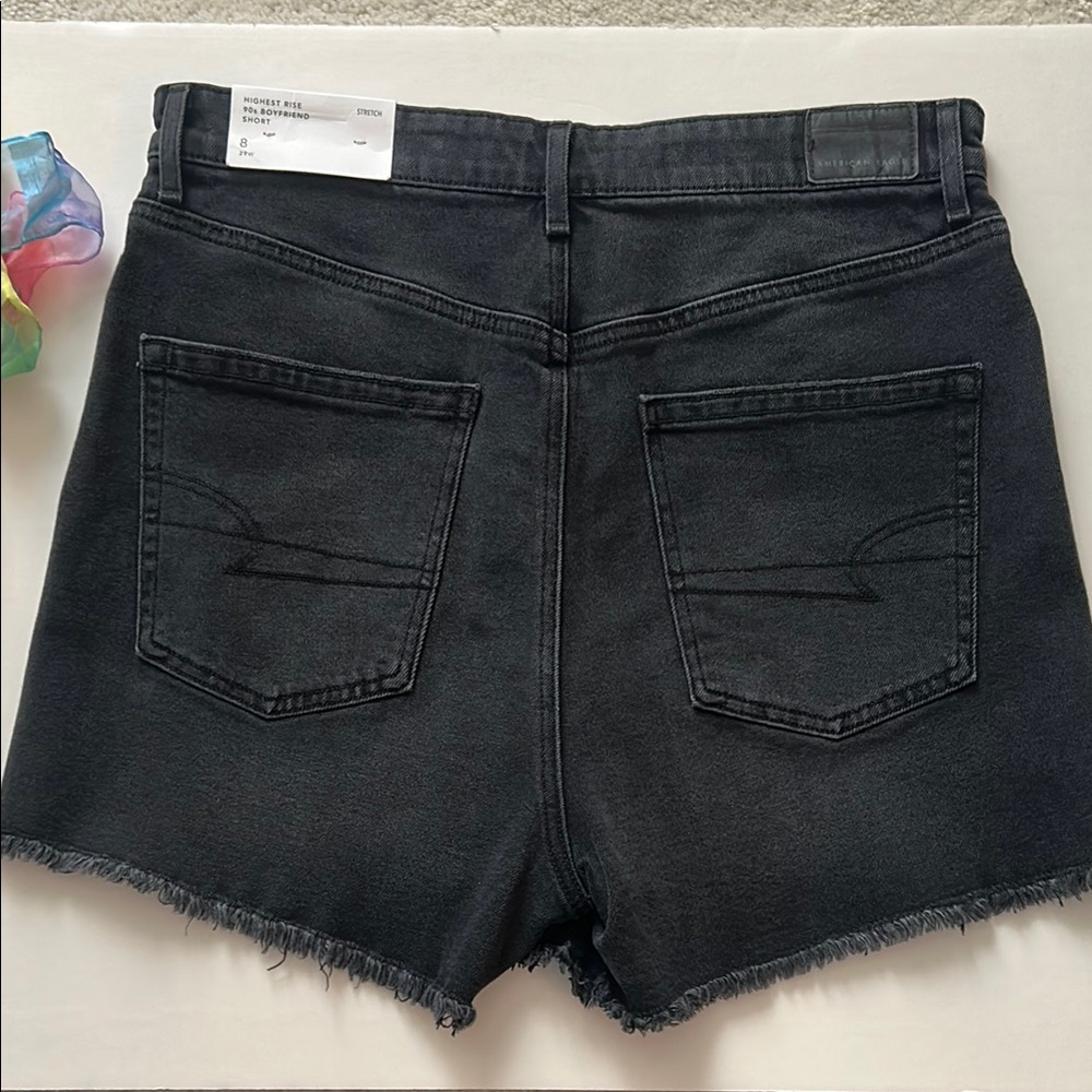 American Eagle Highest Rise 90s Boyfriend Jean Shorts Raw Hem Black New